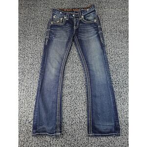 Rock Revival Kane Slim Boot Jeans Mens 29 Blue Good Distressed Heavy Stitch